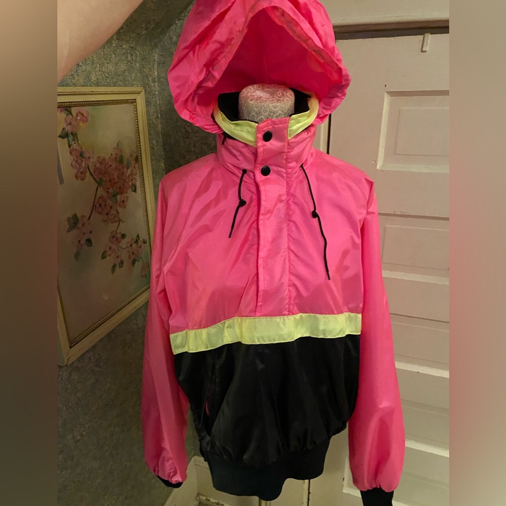 Vtg 90’s neon Pink yellow Black windbreaker Jacket Hotstuf half zip hidden hood